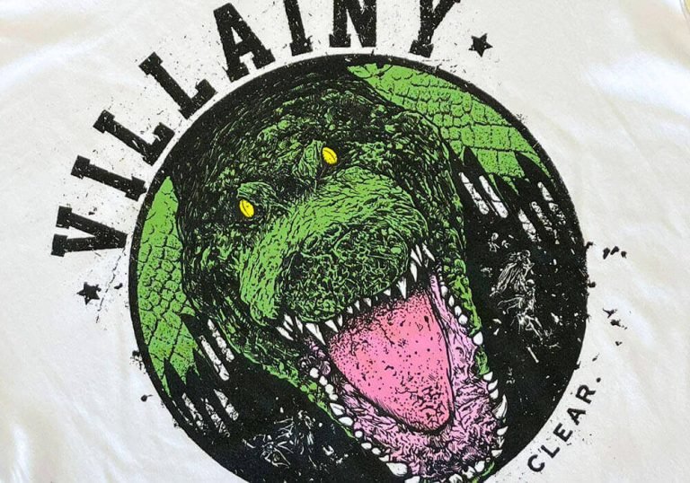 multi colour screen print white tee band merch villainy 768x538