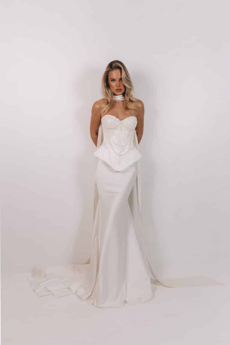 minori wedding dress with basque wasit and two piece corset skirt by rara avis nz 2 768x1152